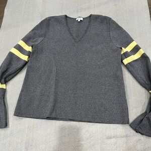 [S]Reiss Josephine Gray V-Neck Sweater with Yellow Stripes Bell Sleeves NWOT